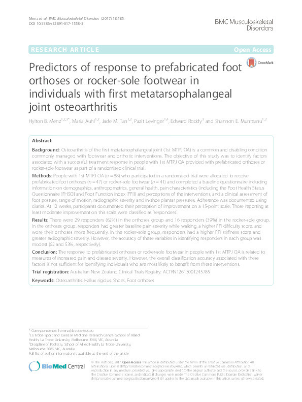 Predictors of response to prefabricated foot orthoses or rocker-sole footwear in individuals with first metatarsophalangeal joint osteoarthritis Thumbnail