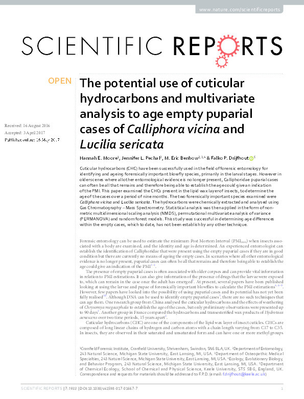 The potential use of cuticular hydrocarbons and multivariate analysis to age empty puparial cases of Calliphora vicina and Lucilia sericata Thumbnail