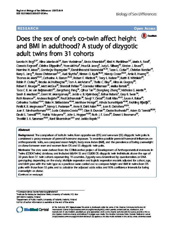 Does the sex of one's co-twin affect height and BMI in adulthood?: A study of dizygotic adult twins from 31 cohorts Thumbnail