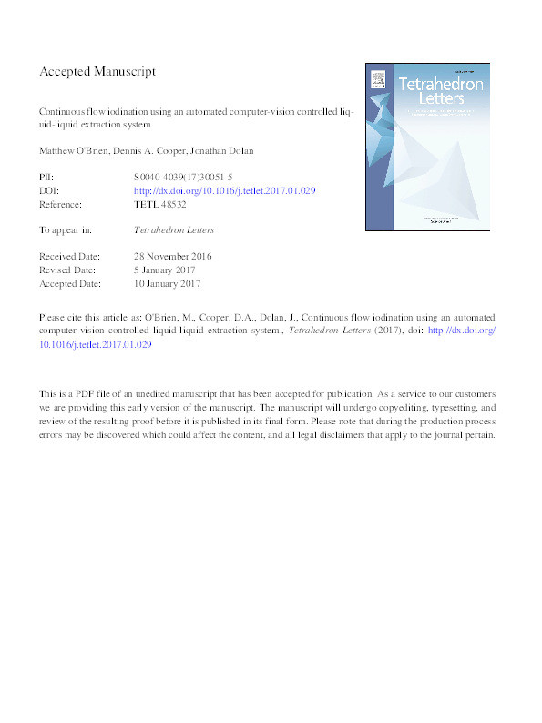 Continuous flow iodination using an automated computer-vision controlled liquid-liquid extraction system Thumbnail