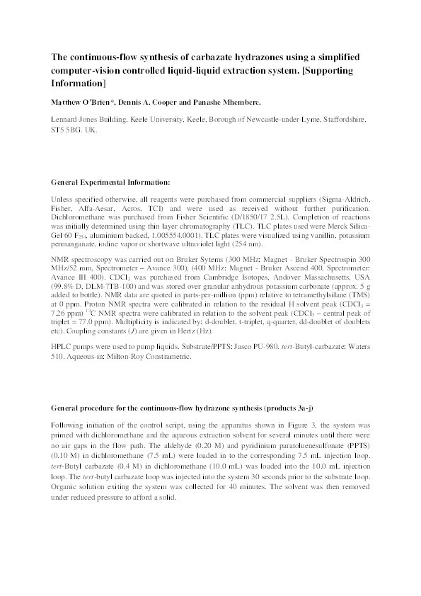 The continuous-flow synthesis of carbazate hydrazones using a simplified computer-vision controlled liquid-liquid extraction system Thumbnail