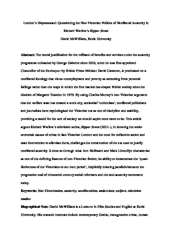London's Dispossessed: Questioning the Neo-Victorian Politics of Neoliberal Austerity in Richard Warlow's Ripper Street Thumbnail