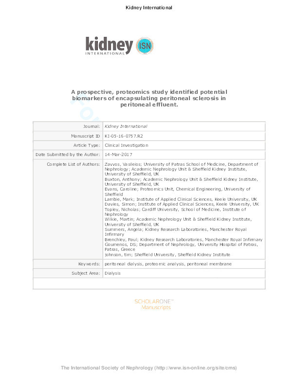 A prospective, proteomics study identified potential biomarkers of encapsulating peritoneal sclerosis in peritoneal effluent Thumbnail