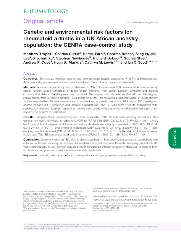 Genetic and environmental risk factors for rheumatoid arthritis in a UK African ancestry population: the GENRA case - control study Thumbnail