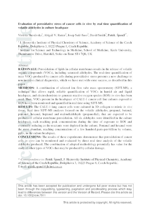 Evaluation of peroxidative stress of cancer cells in vitro by real-time quantification of volatile aldehydes in culture headspace Thumbnail