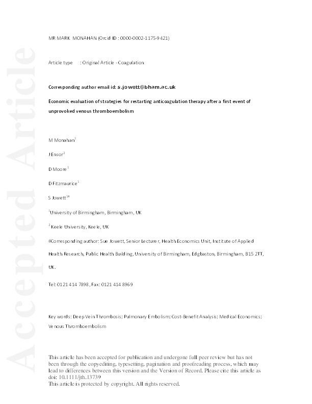 Economic evaluation of strategies for restarting anticoagulation therapy after a first event of unprovoked venous thromboembolism. Thumbnail