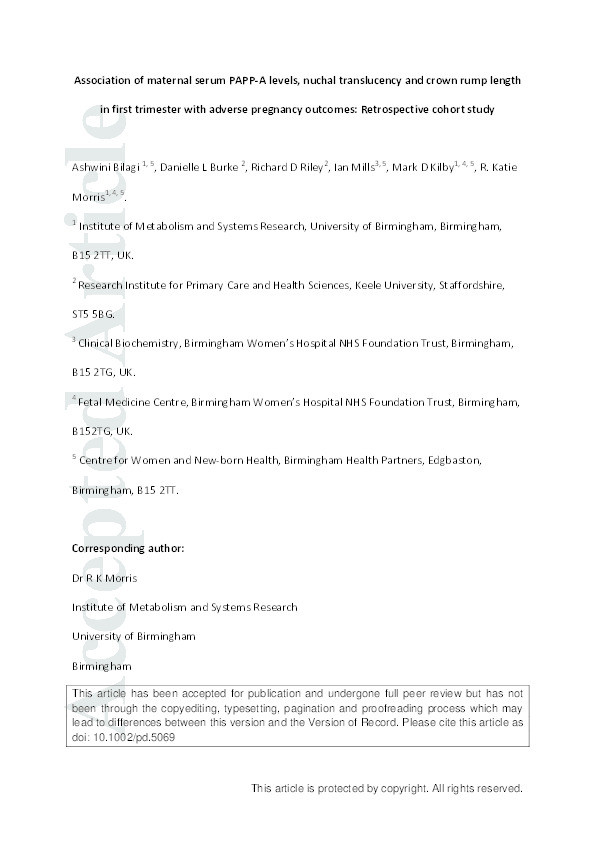 Association of maternal serum PAPP-A levels, nuchal translucency and crown rump length in first trimester with adverse pregnancy outcomes: Retrospective cohort study. Thumbnail