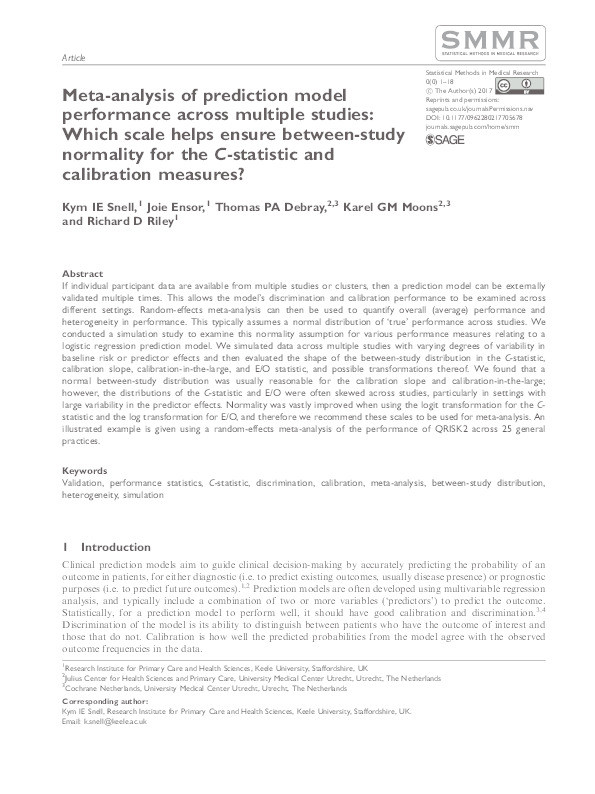 Meta-analysis of prediction model performance across multiple studies: Which scale helps ensure between-study normality for the C-statistic and calibration measures? Thumbnail