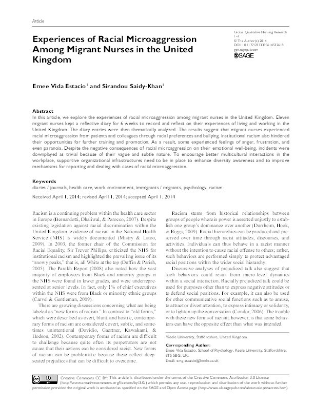 Experiences of Racial Microaggression Among Migrant Nurses in the United Kingdom. Thumbnail