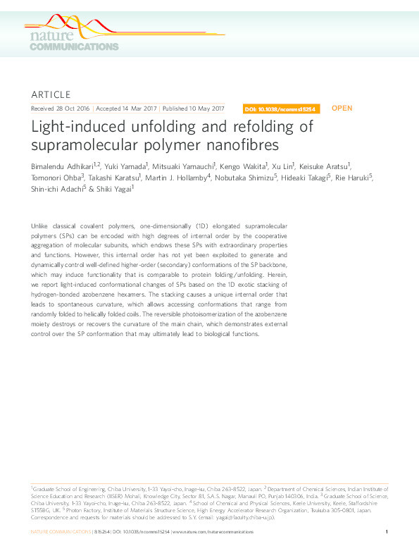 Light-induced unfolding and refolding of supramolecular polymer nanofibres. Thumbnail