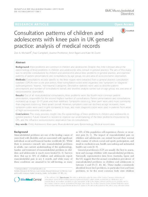 Consultation patterns of children and adolescents with knee pain in UK general practice: analysis of medical records Thumbnail