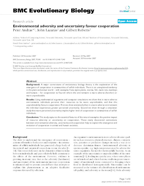 Environmental adversity and uncertainty favour cooperation. Thumbnail