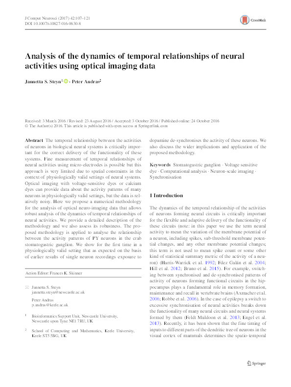 Analysis of the dynamics of temporal relationships of neural activities using optical imaging data Thumbnail