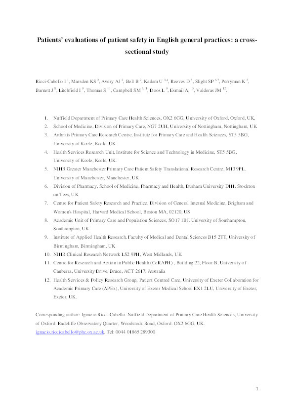 Patients' evaluations of patient safety in English general practices: a cross-sectional study. Thumbnail