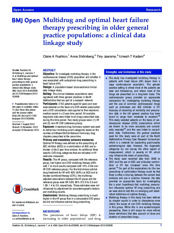 Multidrug and optimal heart failure therapy prescribing in older general practice populations: a clinical data linkage study Thumbnail