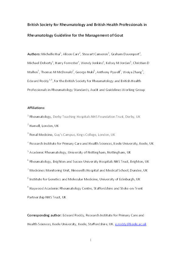 The British Society for Rheumatology Guideline for the Management of Gout. Thumbnail