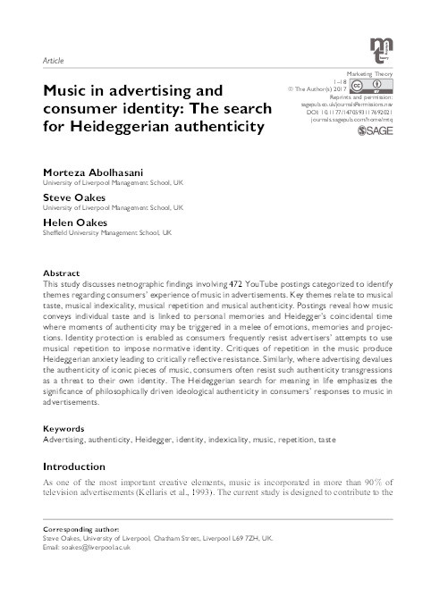 Music in advertising and consumer identity: The search for Heideggerian authenticity Thumbnail