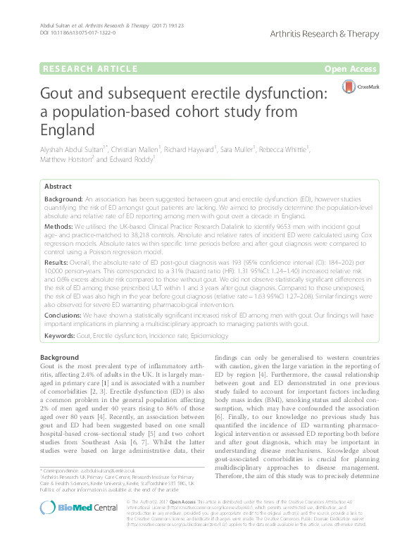 Gout and subsequent erectile dysfunction: a population-based cohort study from England Thumbnail