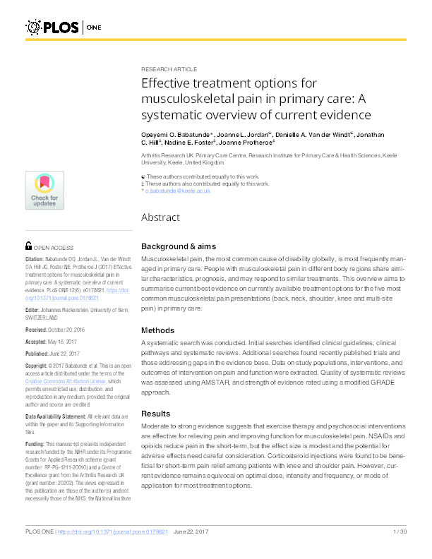 Effective treatment options for musculoskeletal pain in primary care: A systematic overview of current evidence Thumbnail