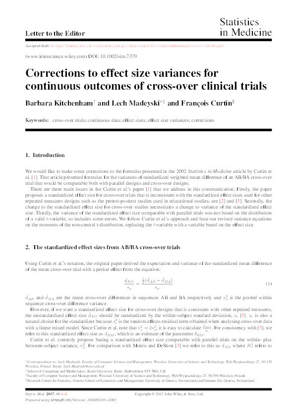 Corrections to effect size variances for continuous outcomes of cross-over clinical trials Thumbnail