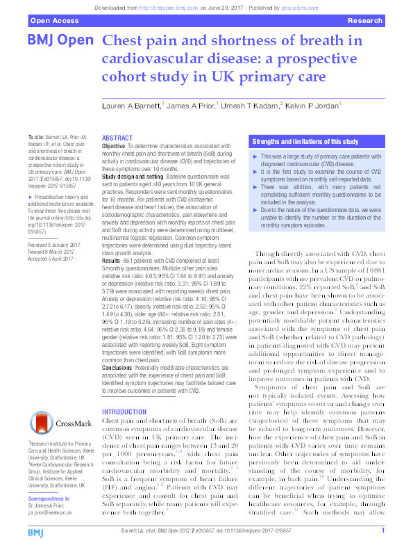 Chest pain and shortness of breath in cardiovascular disease: a prospective cohort study in UK primary care Thumbnail