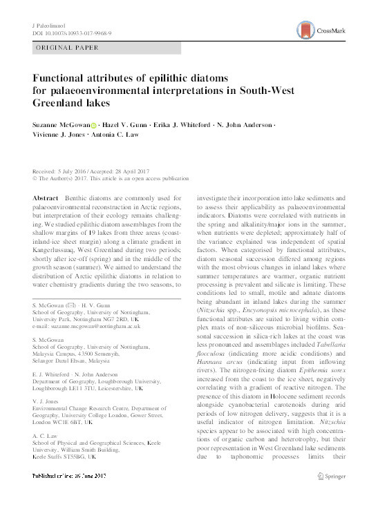 Functional attributes of epilithic diatoms for palaeoenvironmental interpretations in South-West Greenland lakes Thumbnail