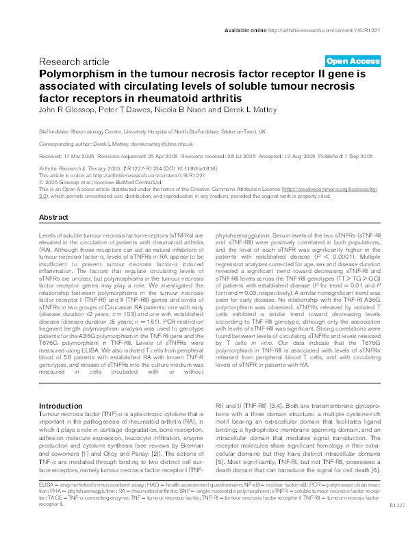 Polymorphism in the tumour necrosis factor receptor II gene is associated with circulating levels of soluble tumour necrosis factor receptors in rheumatoid arthritis Thumbnail