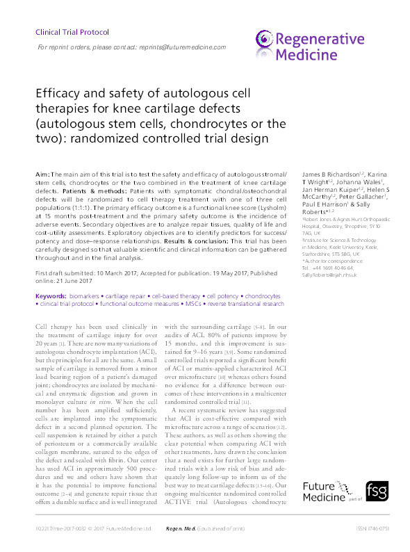 Efficacy and safety of autologous cell therapies for knee cartilage defects (autologous stem cells, chondrocytes or the two): randomized controlled trial design. Thumbnail