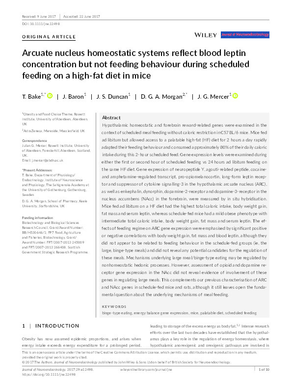 Arcuate Nucleus Homeostatic Systems Reflect Blood Leptin Concentration but not Feeding Behaviour during Scheduled Feeding on a High Fat Diet in Mice Thumbnail