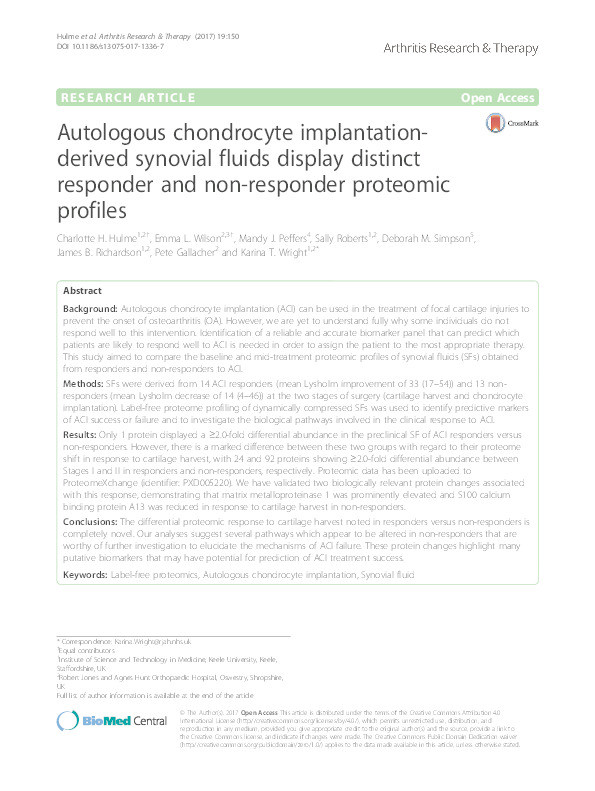 Autologous chondrocyte implantation- derived synovial fluids display distinct responder and non-responder proteomic profiles Thumbnail