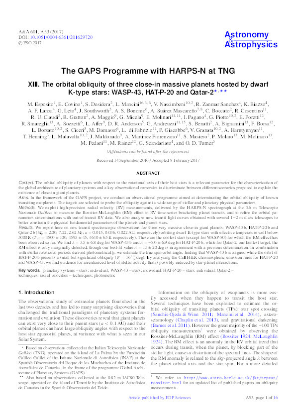 The GAPS Programme with HARPS-N at TNG XIII. The orbital obliquity of three close-in massive planets hosted by dwarf K-type stars: WASP-43, HAT-P-20 and Qatar-2 Thumbnail