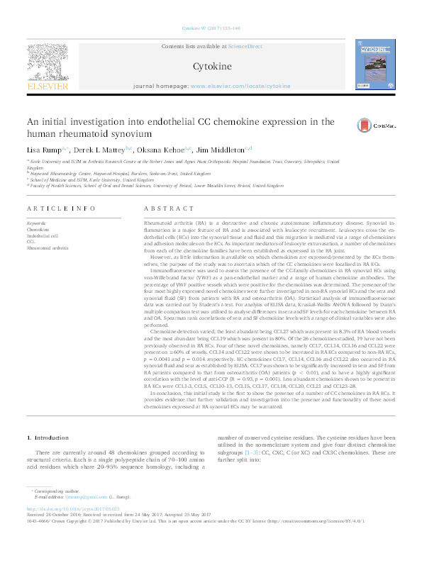 An initial investigation into endothelial CC chemokine expression in the human rheumatoid synovium Thumbnail