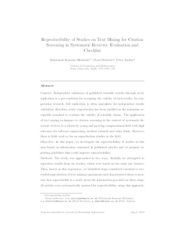 Reproducibility of Studies on Text Mining for Citation Screening in Systematic Reviews: Evaluation and Checklist Thumbnail