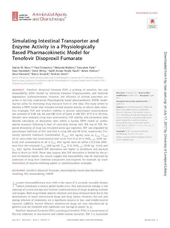 Simulating Intestinal Transporter and Enzyme Activity in a Physiologically Based Pharmacokinetic Model for Tenofovir Disoproxil Fumarate Thumbnail