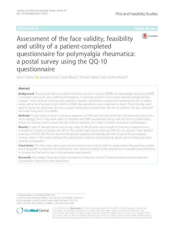 Assessment of the face validity. feasibility and utility of a patient-completed questionnaire for polymyalgia rheumatica: a postal survey using the QQ-10 questionnaire Thumbnail