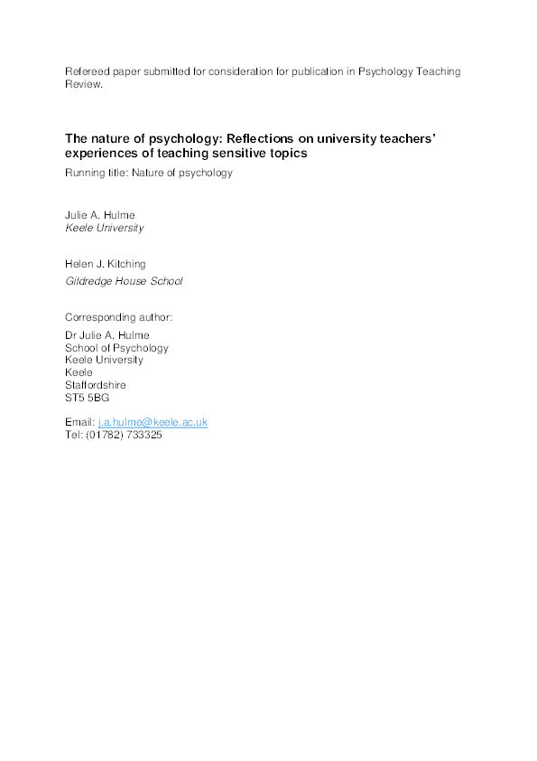 The nature of psychology: Reflections on university teachers' experiences of teaching sensitive topics Thumbnail