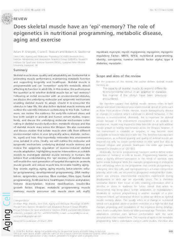 Does skeletal muscle have an 'epi'-memory? The role of epigenetics in nutritional programming, metabolic disease, aging and exercise Thumbnail