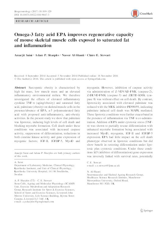 Omega-3 fatty acid EPA improves regenerative capacity of mouse skeletal muscle cells exposed to saturated fat and inflammation Thumbnail