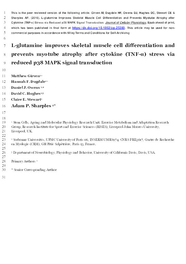 L-glutamine Improves Skeletal Muscle Cell Differentiation and Prevents Myotube Atrophy After Cytokine (TNF-alpha) Stress Via Reduced p38 MAPK Signal Transduction Thumbnail