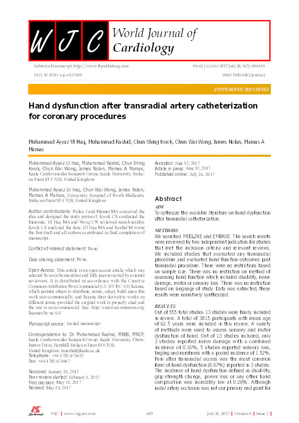 Hand dysfunction after transradial artery catheterization for coronary procedures Thumbnail