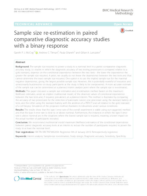 Sample size re-estimation in paired comparative diagnostic accuracy studies with a binary response. Thumbnail