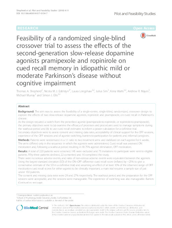 Feasibility of a randomized single-blind crossover trial to assess the effects of the second-generation slow-release dopamine agonists pramipexole and ropinirole on cued recall memory in idiopathic mild or moderate Parkinson’s disease without cognitive impairment Thumbnail
