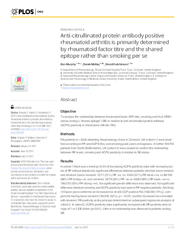 Anti-citrullinated protein antibody positive rheumatoid arthritis is primarily determined by rheumatoid factor titre and the shared epitope rather than smoking per se. Thumbnail