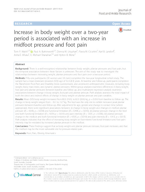 Increase in body weight over a two-year period is associated with an increase in midfoot pressure and foot pain Thumbnail