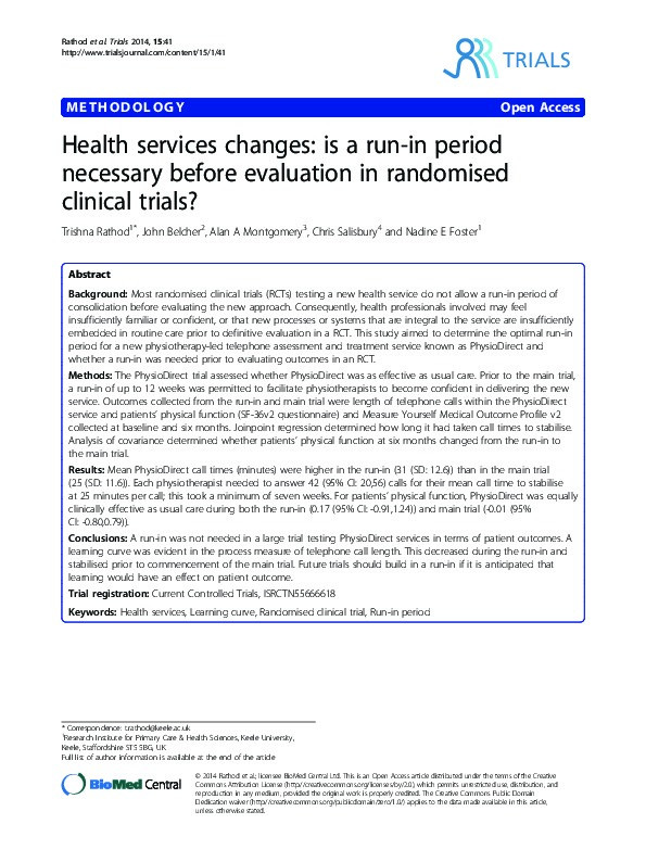 Health services changes: is a run-in period necessary before evaluation in randomised clinical trials? Thumbnail
