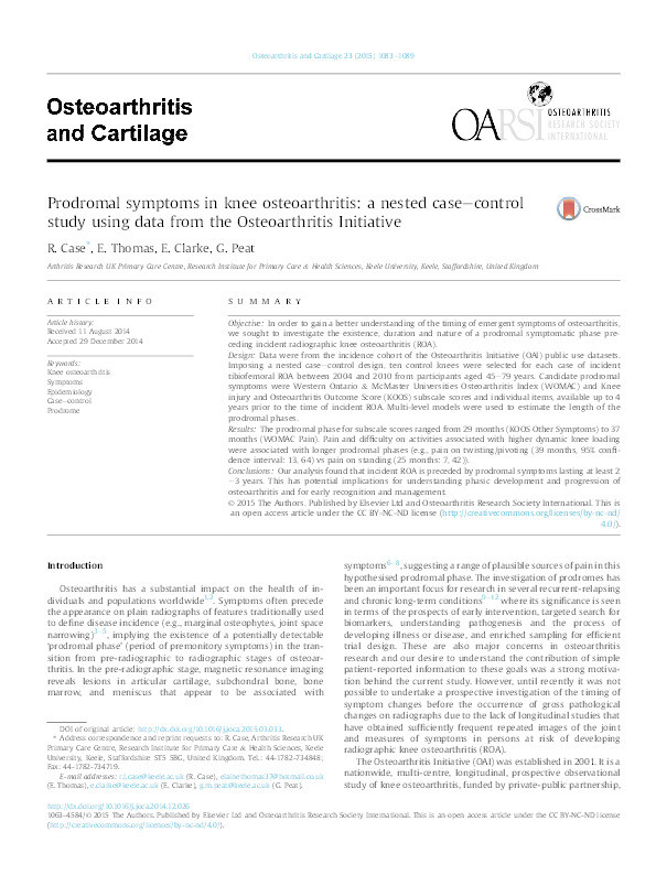 Prodromal symptoms in knee osteoarthritis: a nested case–control study using data from the Osteoarthritis Initiative Thumbnail