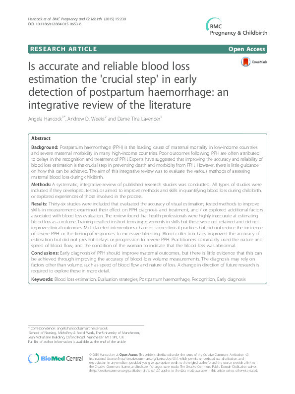 Is accurate and reliable blood loss estimation the 'crucial step' in early detection of postpartum haemorrhage?: An integrative review of the literature Thumbnail