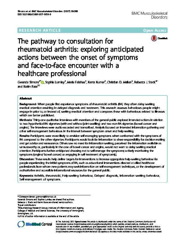 The pathway to consultation for rheumatoid arthritis: exploring anticipated actions between the onset of symptoms and face-to-face encounter with a healthcare professional. Thumbnail