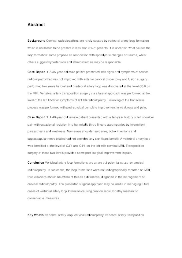 The diagnosis and management of a vertebral artery loop causing cervical radiculopathy Thumbnail