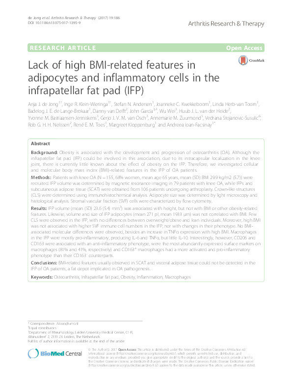 Lack of high BMI-related features in adipocytes and inflammatory cells in the infrapatellar fat pad (IFP) Thumbnail